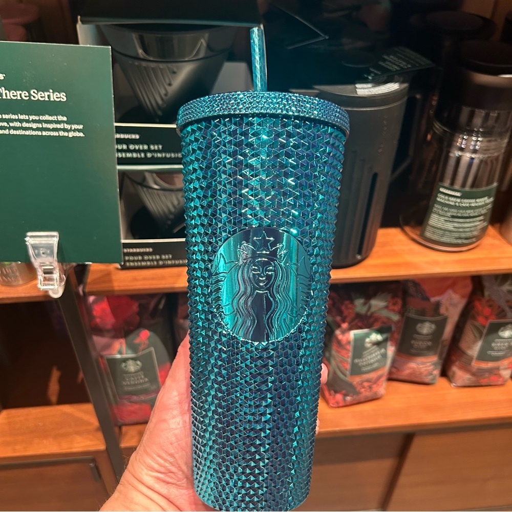 Starbucks Metallic Chrome Cup Cyan Blue Studded Tumbler Venti 24oz NWT 2023